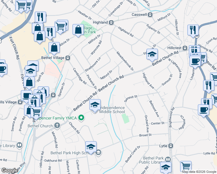 map of restaurants, bars, coffee shops, grocery stores, and more near 2739 Bethel Church Rd in Bethel Park
