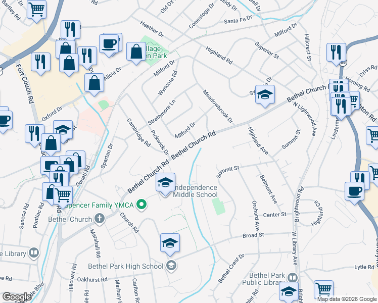 map of restaurants, bars, coffee shops, grocery stores, and more near 2739 Bethel Church Road in Bethel Park