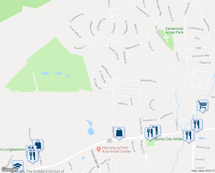 map of restaurants, bars, coffee shops, grocery stores, and more near 4096 West Tilden Road in Harrisburg