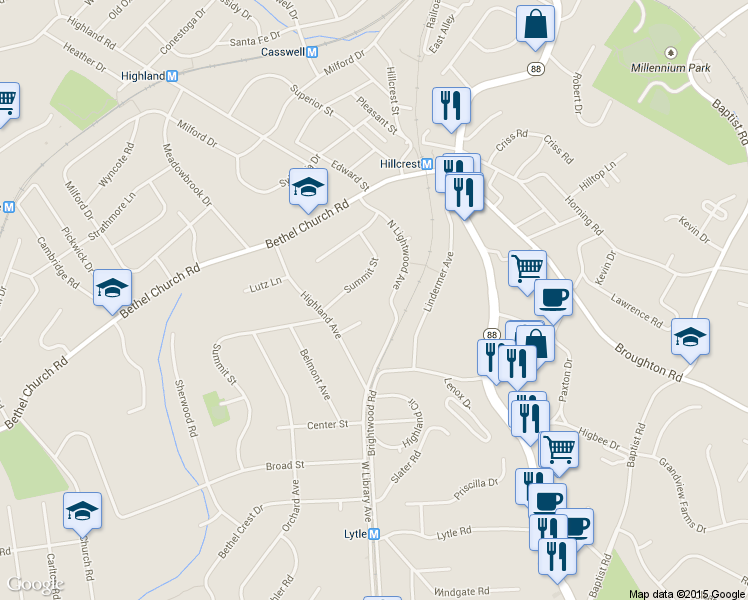 map of restaurants, bars, coffee shops, grocery stores, and more near 2592 North Lightwood Avenue in Bethel Park