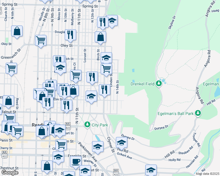 map of restaurants, bars, coffee shops, grocery stores, and more near 1320 Buttonwood St in Reading