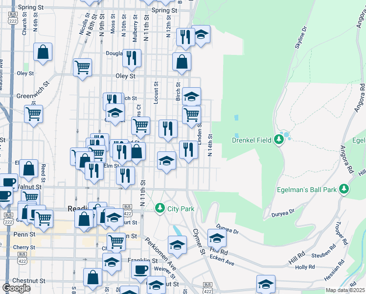 map of restaurants, bars, coffee shops, grocery stores, and more near 1254 Buttonwood Street in Reading