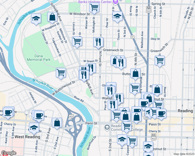 map of restaurants, bars, coffee shops, grocery stores, and more near 350 North Front Street in Reading