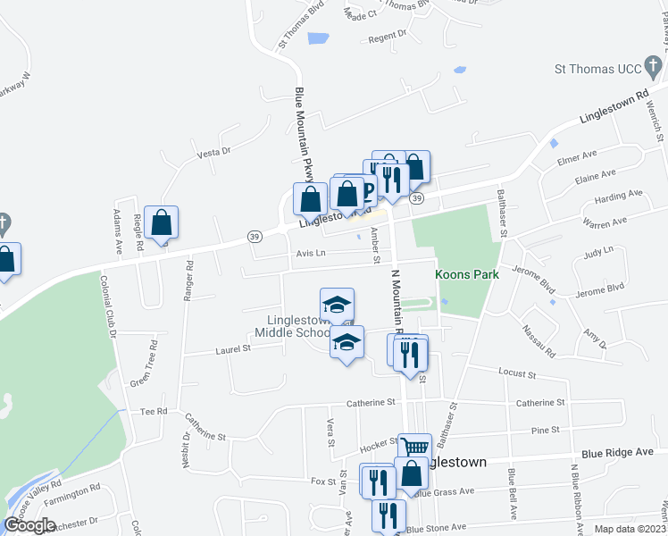 map of restaurants, bars, coffee shops, grocery stores, and more near 5915 Larue Street in Harrisburg