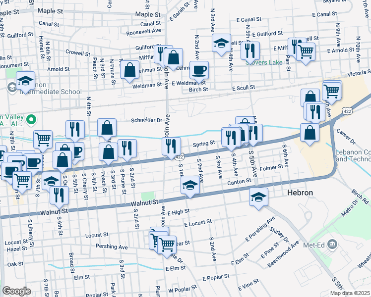map of restaurants, bars, coffee shops, grocery stores, and more near 51 Spring Street in Lebanon