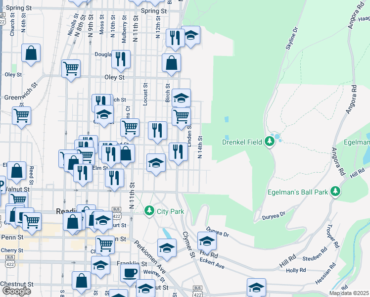 map of restaurants, bars, coffee shops, grocery stores, and more near 355 North 13th Street in Reading