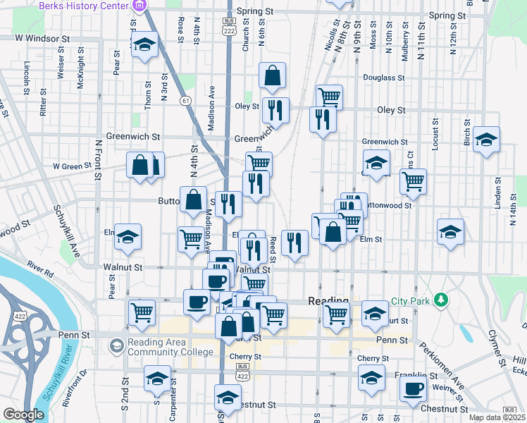 map of restaurants, bars, coffee shops, grocery stores, and more near 333 North 6th Street in Reading