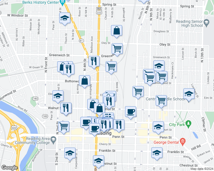 map of restaurants, bars, coffee shops, grocery stores, and more near 331 North 5th Street in Reading
