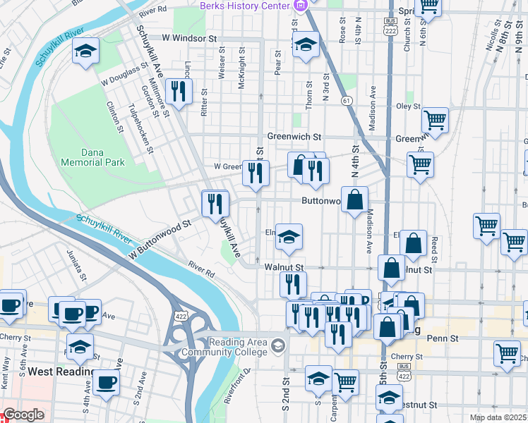 map of restaurants, bars, coffee shops, grocery stores, and more near 339 Pear Street in Reading