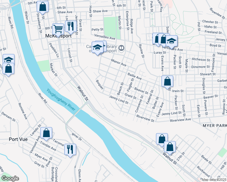 map of restaurants, bars, coffee shops, grocery stores, and more near 1523 Jenny Lind Street in McKeesport