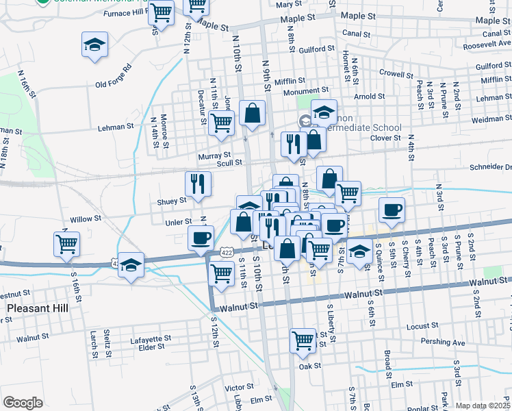 map of restaurants, bars, coffee shops, grocery stores, and more near 128 N 10th St in Lebanon