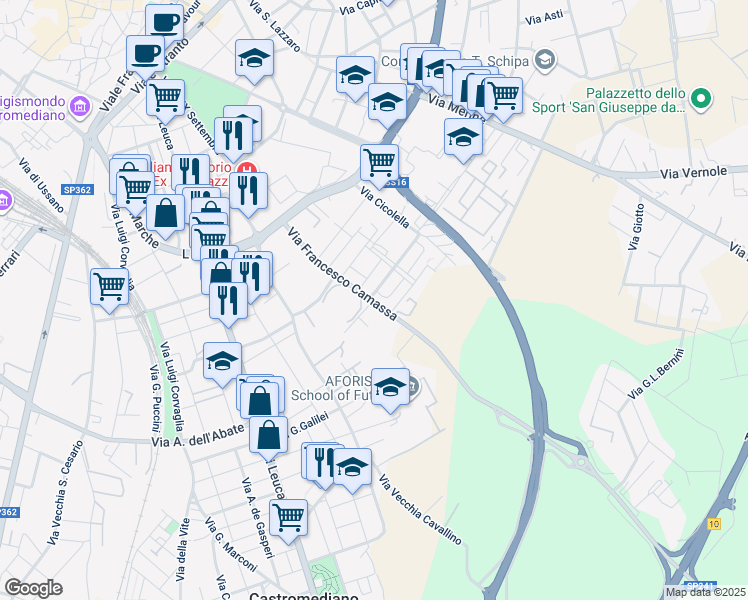map of restaurants, bars, coffee shops, grocery stores, and more near Via Romagna in Lecce