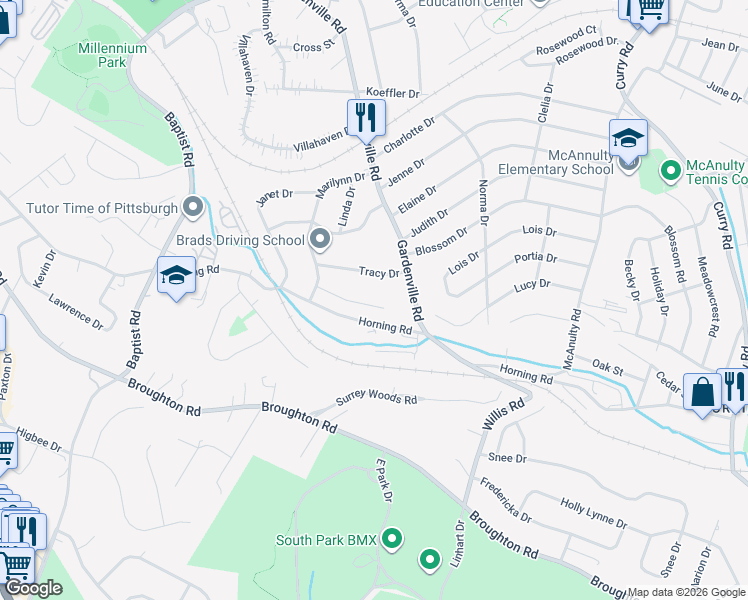 map of restaurants, bars, coffee shops, grocery stores, and more near 5612 Sandra Drive in Pittsburgh