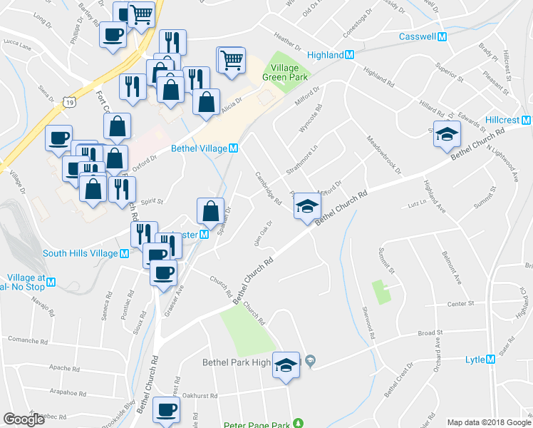 map of restaurants, bars, coffee shops, grocery stores, and more near 1073 Glen Oak Dr in Bethel Park