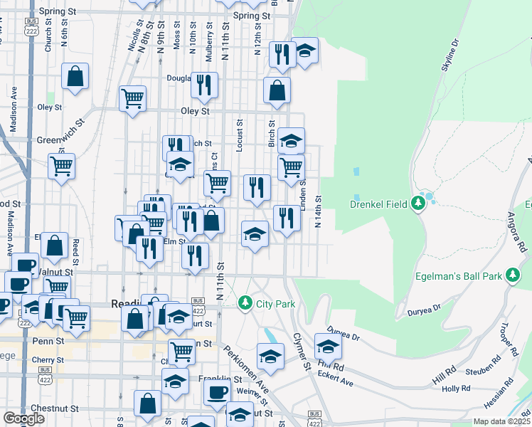 map of restaurants, bars, coffee shops, grocery stores, and more near 1222 Buttonwood Street in Reading