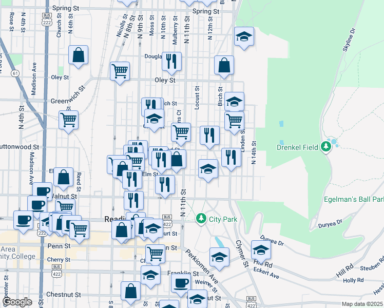 map of restaurants, bars, coffee shops, grocery stores, and more near 1114 Buttonwood Street in Reading