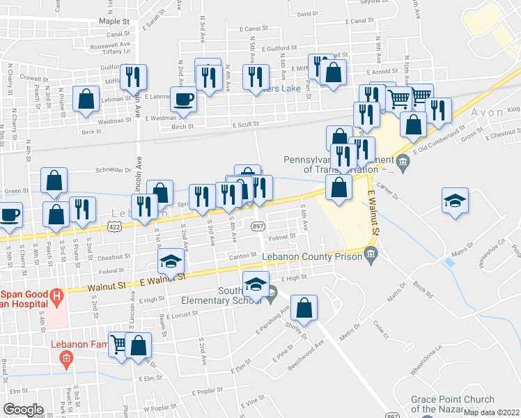 map of restaurants, bars, coffee shops, grocery stores, and more near 452 East Cumberland Street in Lebanon