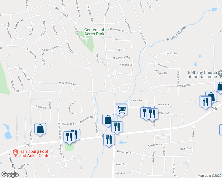 map of restaurants, bars, coffee shops, grocery stores, and more near 4296 Wimbledon Drive in Harrisburg