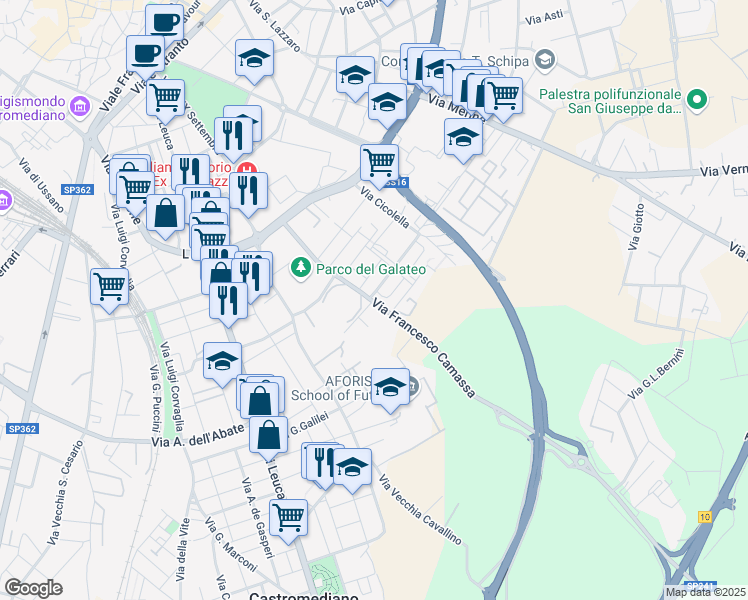 map of restaurants, bars, coffee shops, grocery stores, and more near 21-25 Via Francesco Camassa in Lecce