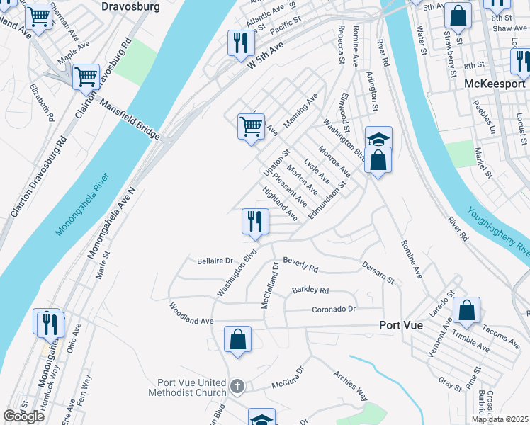 map of restaurants, bars, coffee shops, grocery stores, and more near 1027 Oakland Avenue in McKeesport