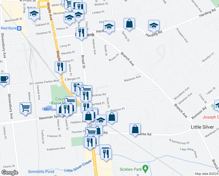 map of restaurants, bars, coffee shops, grocery stores, and more near 164 South Street in Red Bank