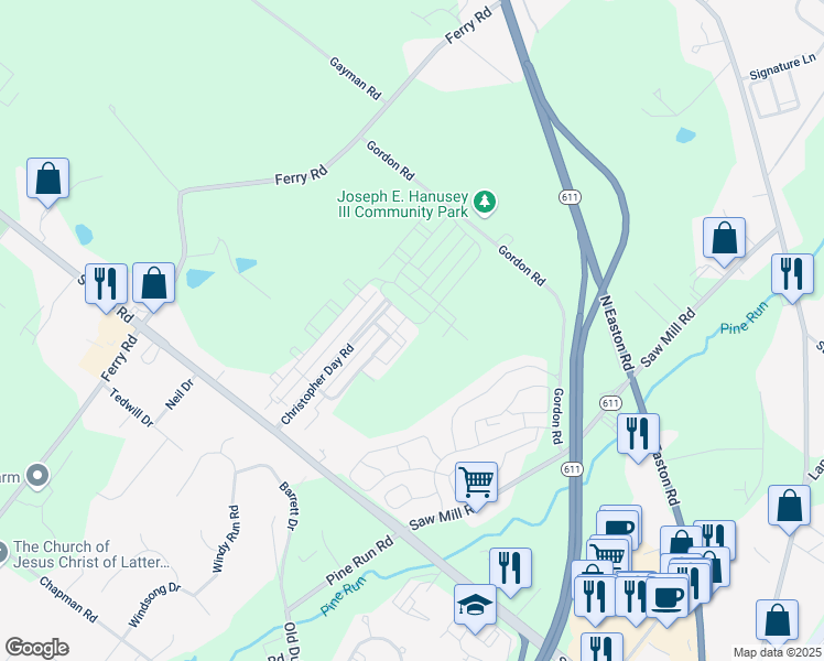 map of restaurants, bars, coffee shops, grocery stores, and more near 3832 William Daves Road in Doylestown