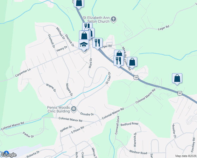 map of restaurants, bars, coffee shops, grocery stores, and more near 164 Anderson Road in Irwin