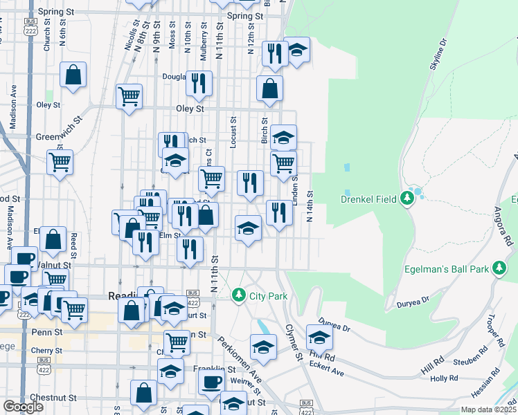 map of restaurants, bars, coffee shops, grocery stores, and more near 1222 Buttonwood Street in Reading