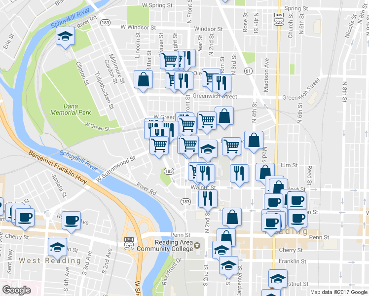 map of restaurants, bars, coffee shops, grocery stores, and more near 350 North Front Street in Reading