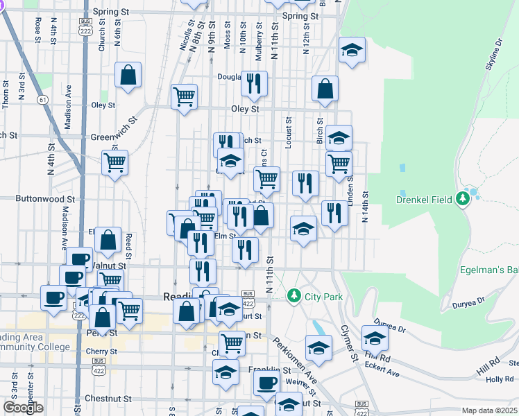 map of restaurants, bars, coffee shops, grocery stores, and more near 352 North 11th Street in Reading