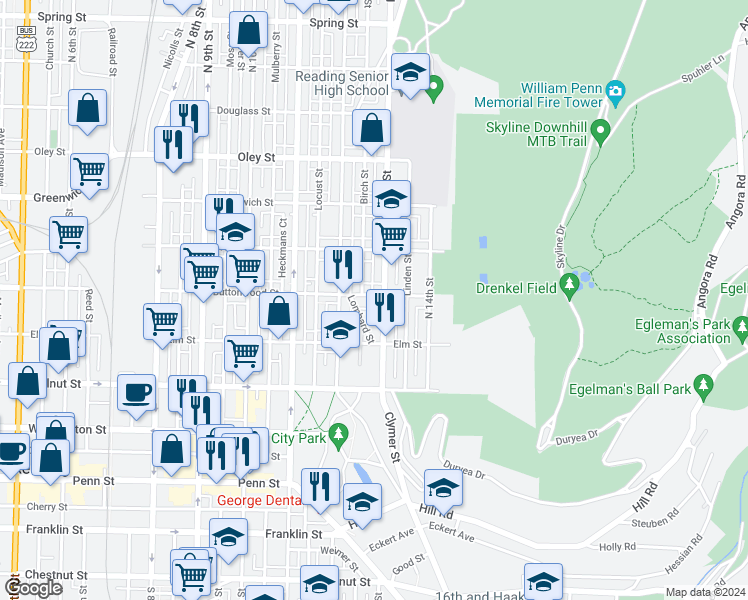 map of restaurants, bars, coffee shops, grocery stores, and more near 1254 Buttonwood Street in Reading
