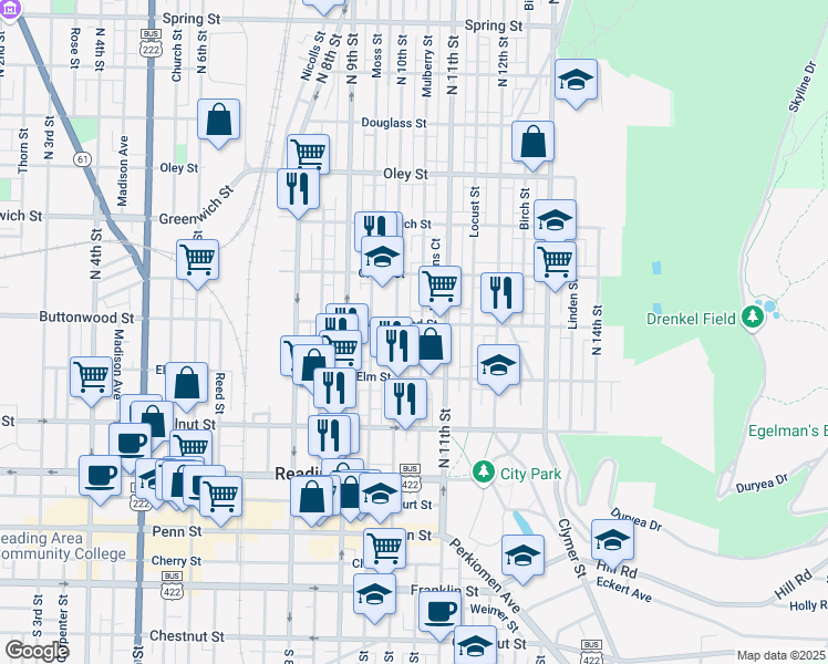 map of restaurants, bars, coffee shops, grocery stores, and more near 344 North 10th Street in Reading