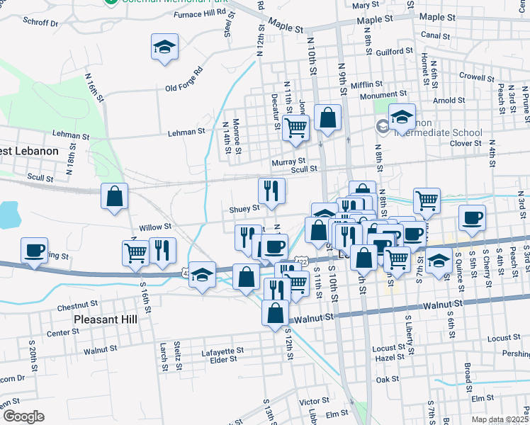 map of restaurants, bars, coffee shops, grocery stores, and more near 1217 Willow Street in Lebanon