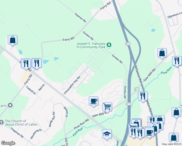 map of restaurants, bars, coffee shops, grocery stores, and more near 3832 William Daves Road in Doylestown
