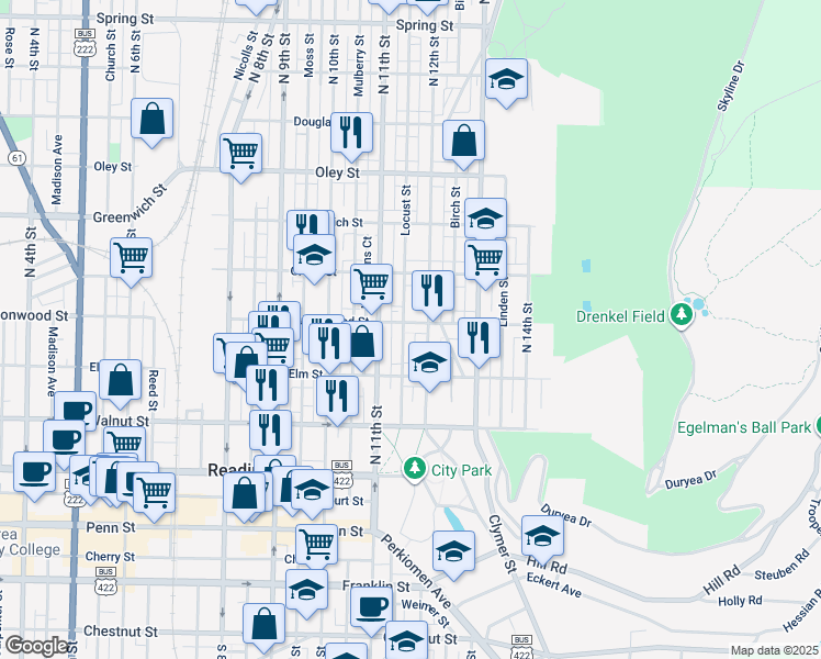 map of restaurants, bars, coffee shops, grocery stores, and more near 1134 Buttonwood Street in Reading