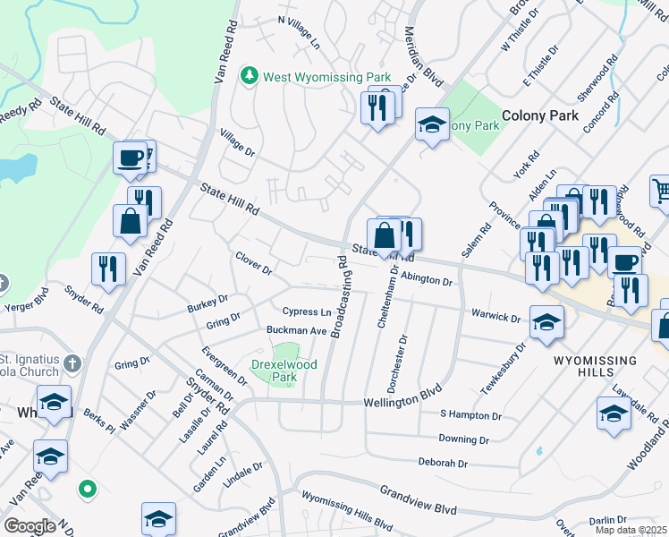 map of restaurants, bars, coffee shops, grocery stores, and more near 1922 Andre Court in Wyomissing
