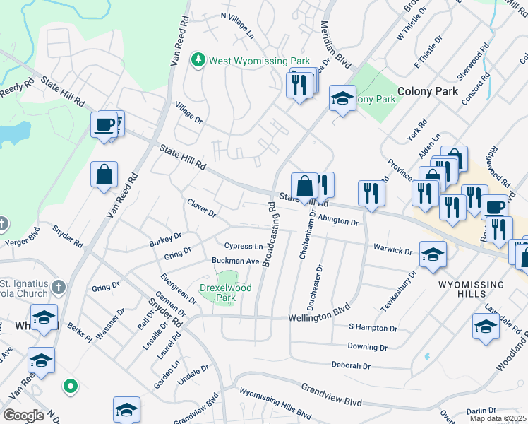 map of restaurants, bars, coffee shops, grocery stores, and more near 1922 Andre Court in Wyomissing