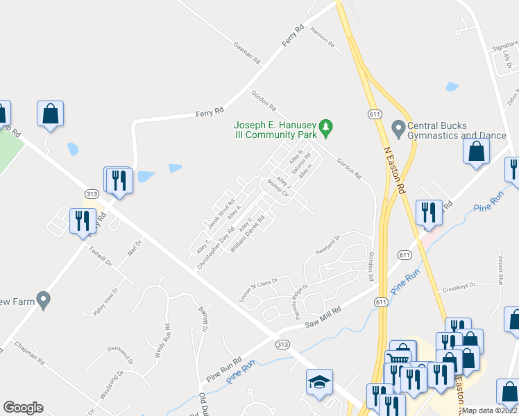 map of restaurants, bars, coffee shops, grocery stores, and more near Alley D in Doylestown