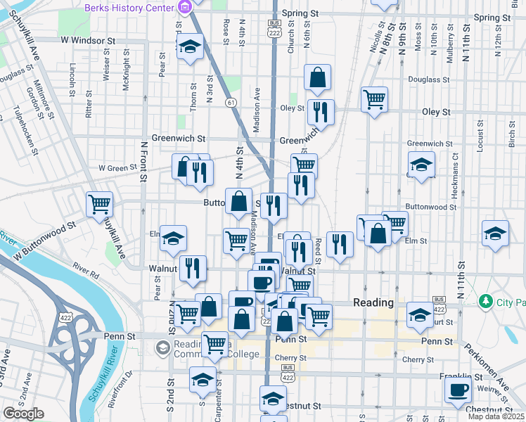 map of restaurants, bars, coffee shops, grocery stores, and more near 338 Madison Avenue in Reading