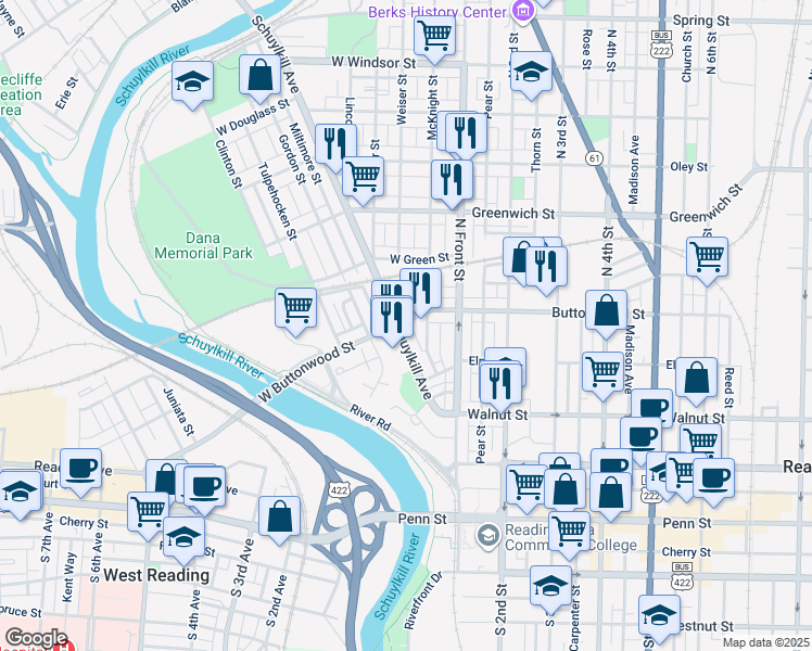map of restaurants, bars, coffee shops, grocery stores, and more near 373 Schuylkill Avenue in Reading