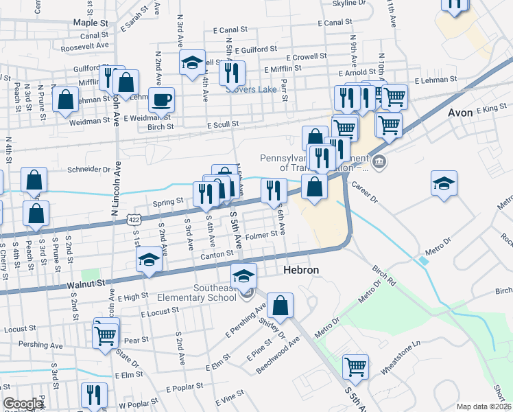 map of restaurants, bars, coffee shops, grocery stores, and more near 5 Walton Alley in Lebanon