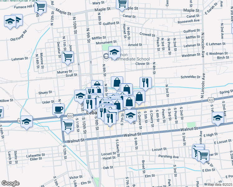 map of restaurants, bars, coffee shops, grocery stores, and more near 741 Willow Street in Lebanon