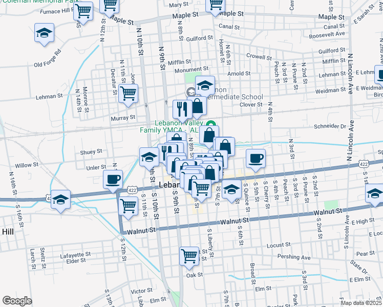 map of restaurants, bars, coffee shops, grocery stores, and more near 119 North 8th Street in Lebanon