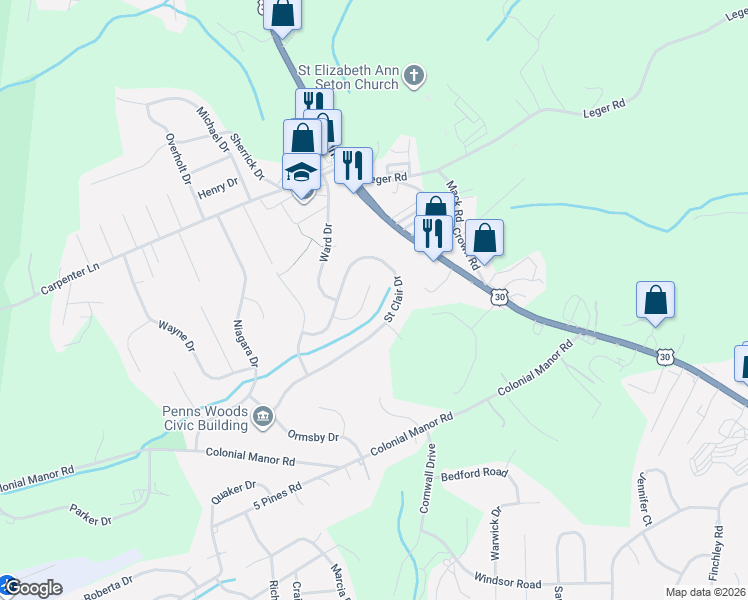 map of restaurants, bars, coffee shops, grocery stores, and more near 164 Anderson Road in Irwin