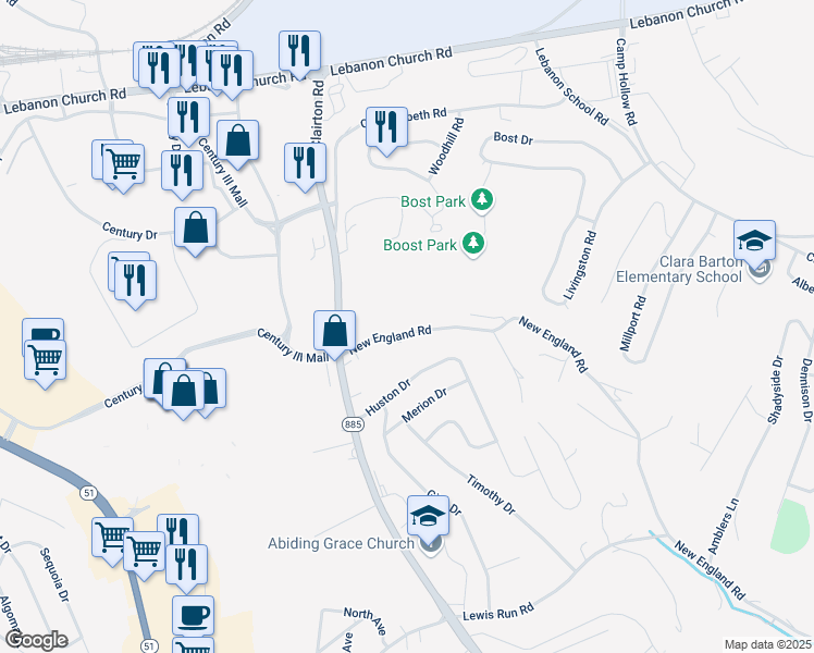 map of restaurants, bars, coffee shops, grocery stores, and more near 3310 New England Road in West Mifflin