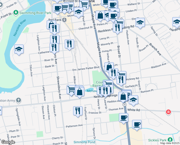 map of restaurants, bars, coffee shops, grocery stores, and more near 258 South Pearl Street in Red Bank