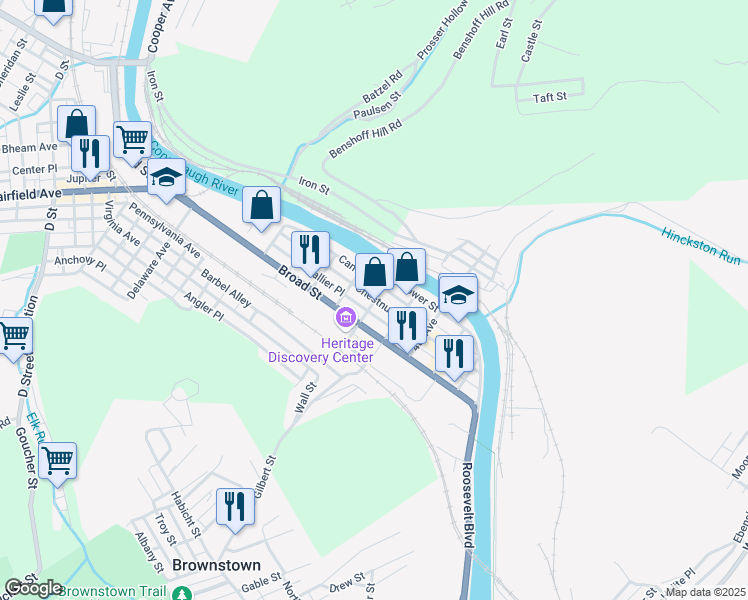 map of restaurants, bars, coffee shops, grocery stores, and more near 600 Chestnut Street in Johnstown