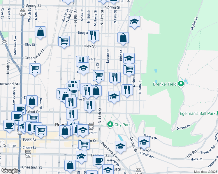 map of restaurants, bars, coffee shops, grocery stores, and more near 1134 Buttonwood Street in Reading