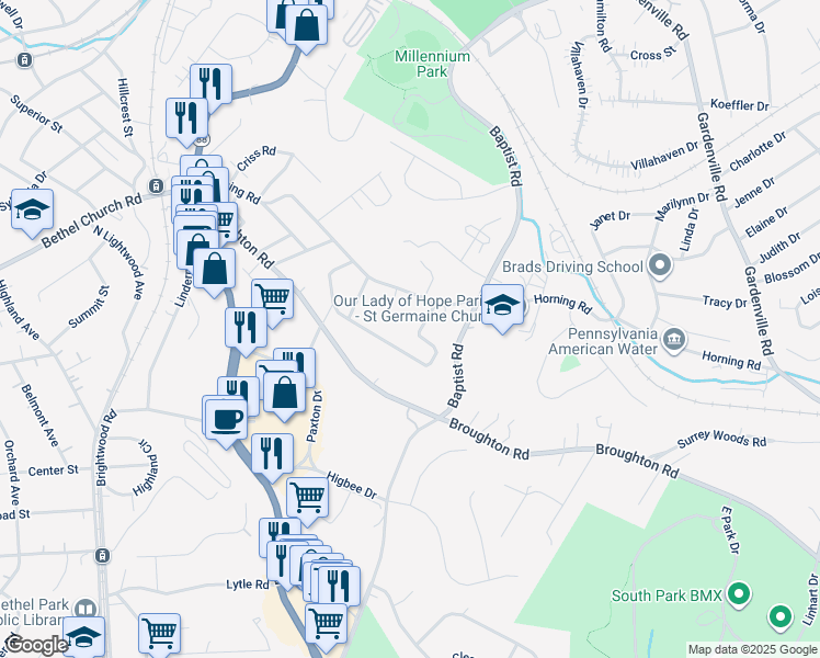 map of restaurants, bars, coffee shops, grocery stores, and more near 7016 Lawrence Dr in Bethel Park