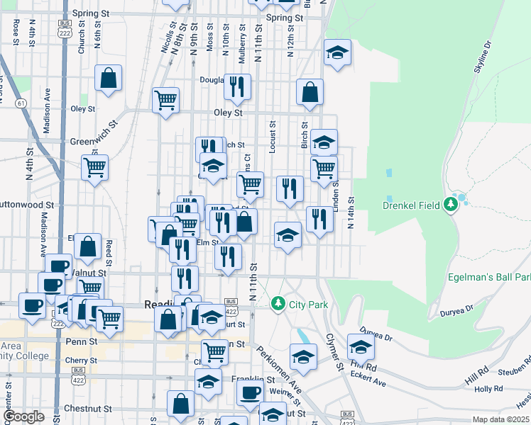 map of restaurants, bars, coffee shops, grocery stores, and more near 1114 Buttonwood Street in Reading